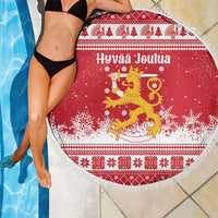 Finland Christmas Hannunvaakuna Beach Blanket Hyvaa Joulua Nordic Snow Lion Red Version - Wonder Print Shop