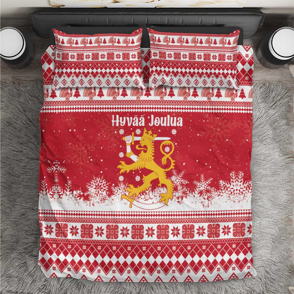 Finland Christmas Hannunvaakuna Bedding Set Hyvaa Joulua Nordic Snow Lion Red Version - Wonder Print Shop