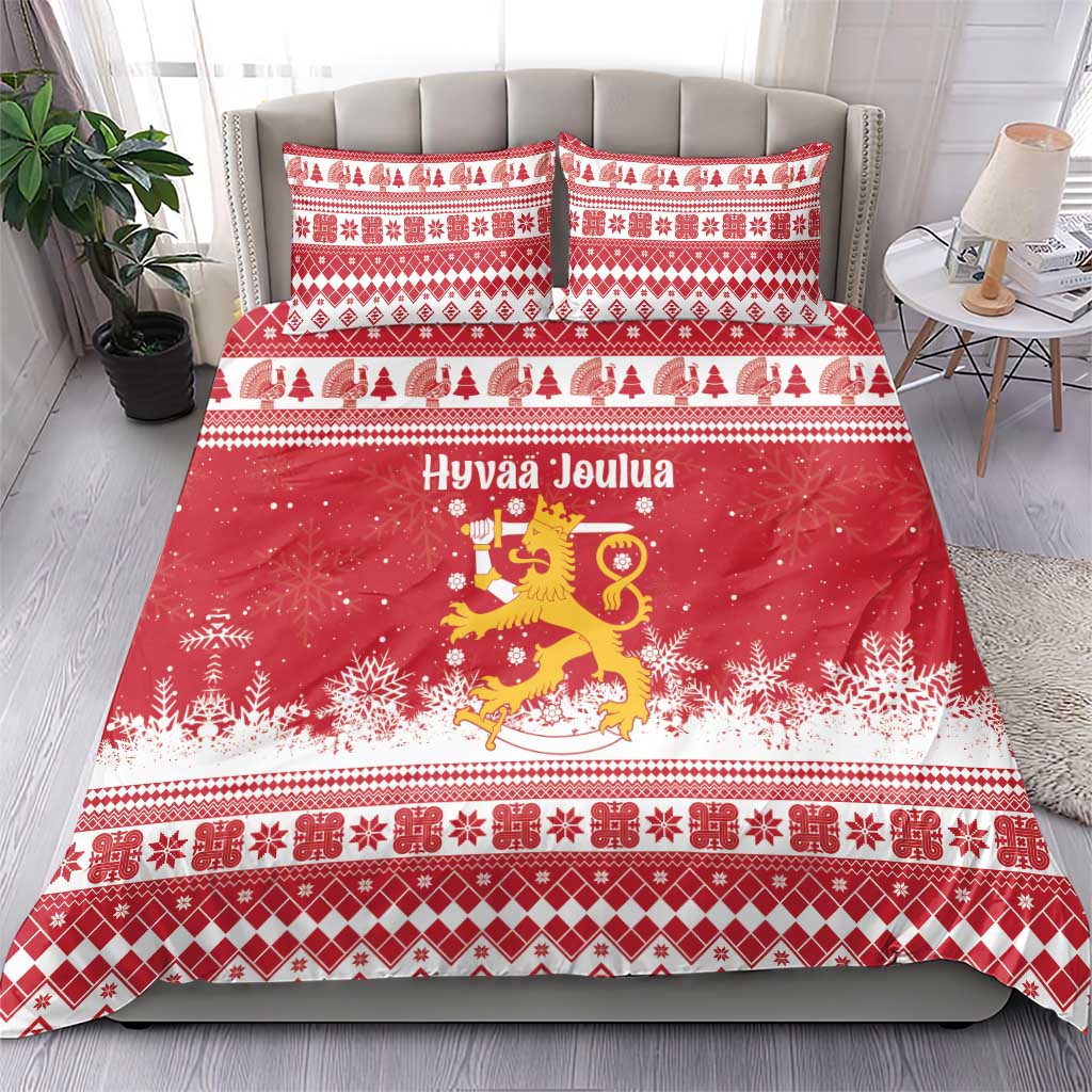 Finland Christmas Hannunvaakuna Bedding Set Hyvaa Joulua Nordic Snow Lion Red Version - Wonder Print Shop