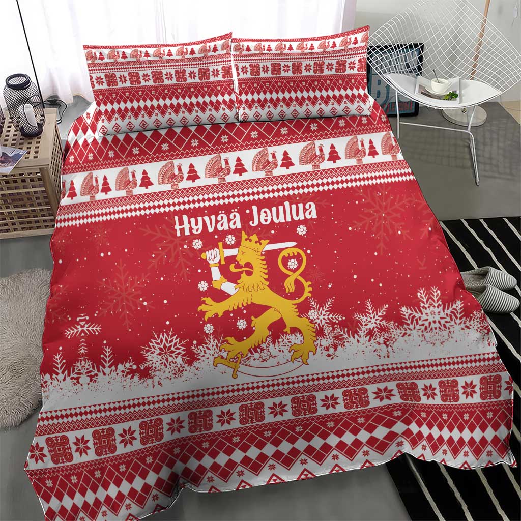Finland Christmas Hannunvaakuna Bedding Set Hyvaa Joulua Nordic Snow Lion Red Version - Wonder Print Shop