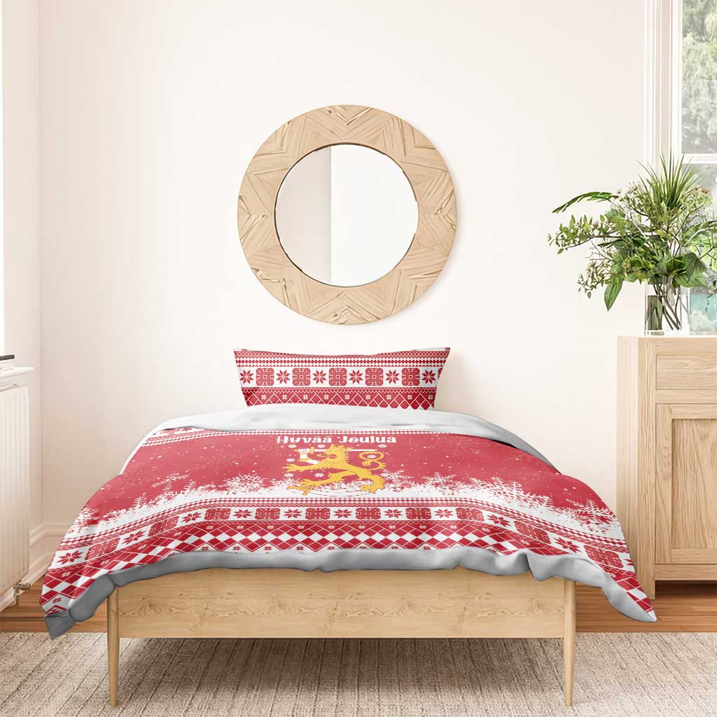 Finland Christmas Hannunvaakuna Bedding Set Hyvaa Joulua Nordic Snow Lion Red Version - Wonder Print Shop