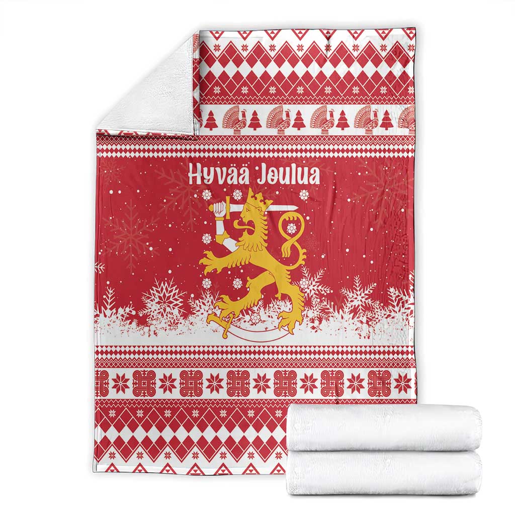 Finland Christmas Hannunvaakuna Blanket Hyvaa Joulua Nordic Snow Lion Red Version - Wonder Print Shop