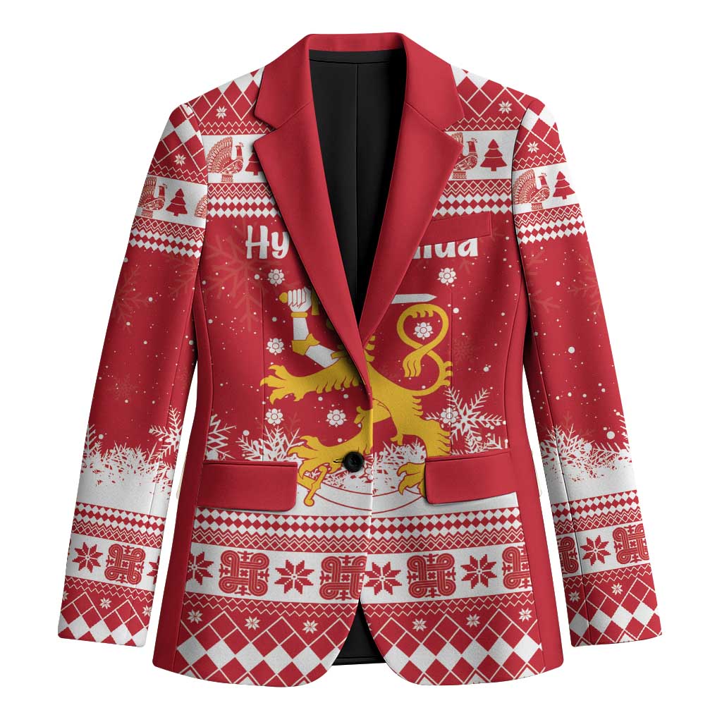 Finland Christmas Hannunvaakuna Blazer Hyvaa Joulua Nordic Snow Lion Red Version - Wonder Print Shop