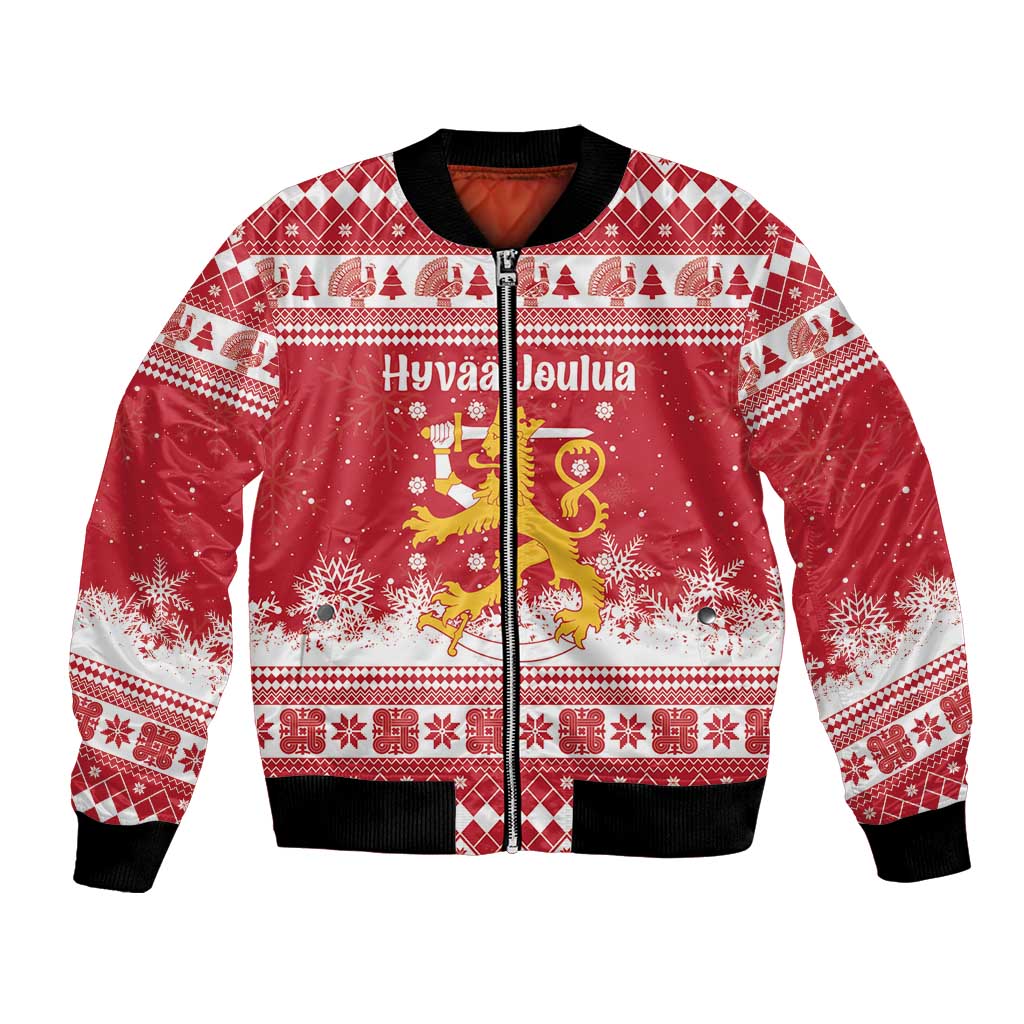 Finland Christmas Hannunvaakuna Bomber Jacket Hyvaa Joulua Nordic Snow Lion Red Version - Wonder Print Shop