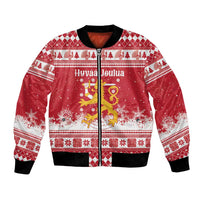 Finland Christmas Hannunvaakuna Bomber Jacket Hyvaa Joulua Nordic Snow Lion Red Version - Wonder Print Shop