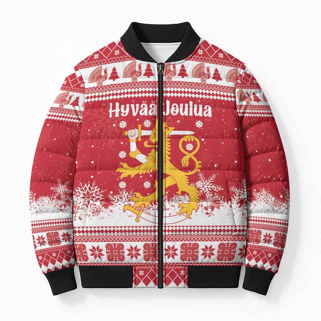 Finland Christmas Hannunvaakuna Bomber Puffer Jacket Hyvaa Joulua Nordic Snow Lion Red Version - Wonder Print Shop