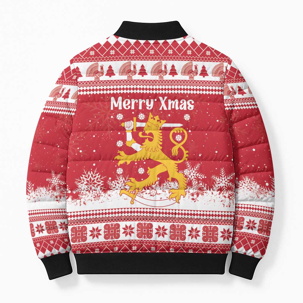 Finland Christmas Hannunvaakuna Bomber Puffer Jacket Hyvaa Joulua Nordic Snow Lion Red Version - Wonder Print Shop