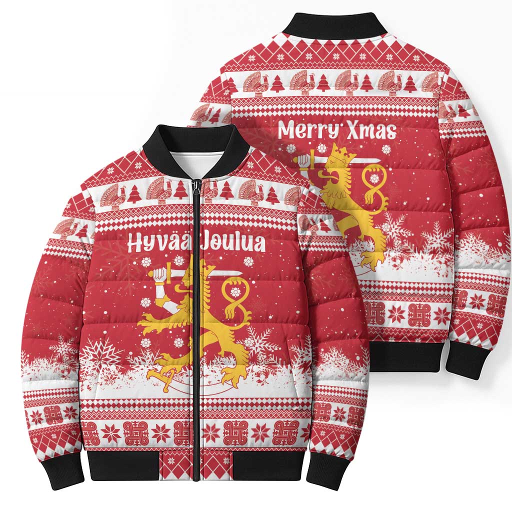 Finland Christmas Hannunvaakuna Bomber Puffer Jacket Hyvaa Joulua Nordic Snow Lion Red Version - Wonder Print Shop