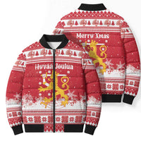 Finland Christmas Hannunvaakuna Bomber Puffer Jacket Hyvaa Joulua Nordic Snow Lion Red Version - Wonder Print Shop