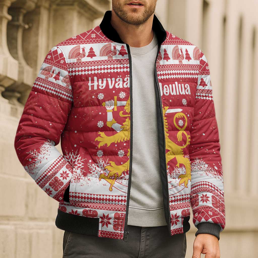 Finland Christmas Hannunvaakuna Bomber Puffer Jacket Hyvaa Joulua Nordic Snow Lion Red Version - Wonder Print Shop