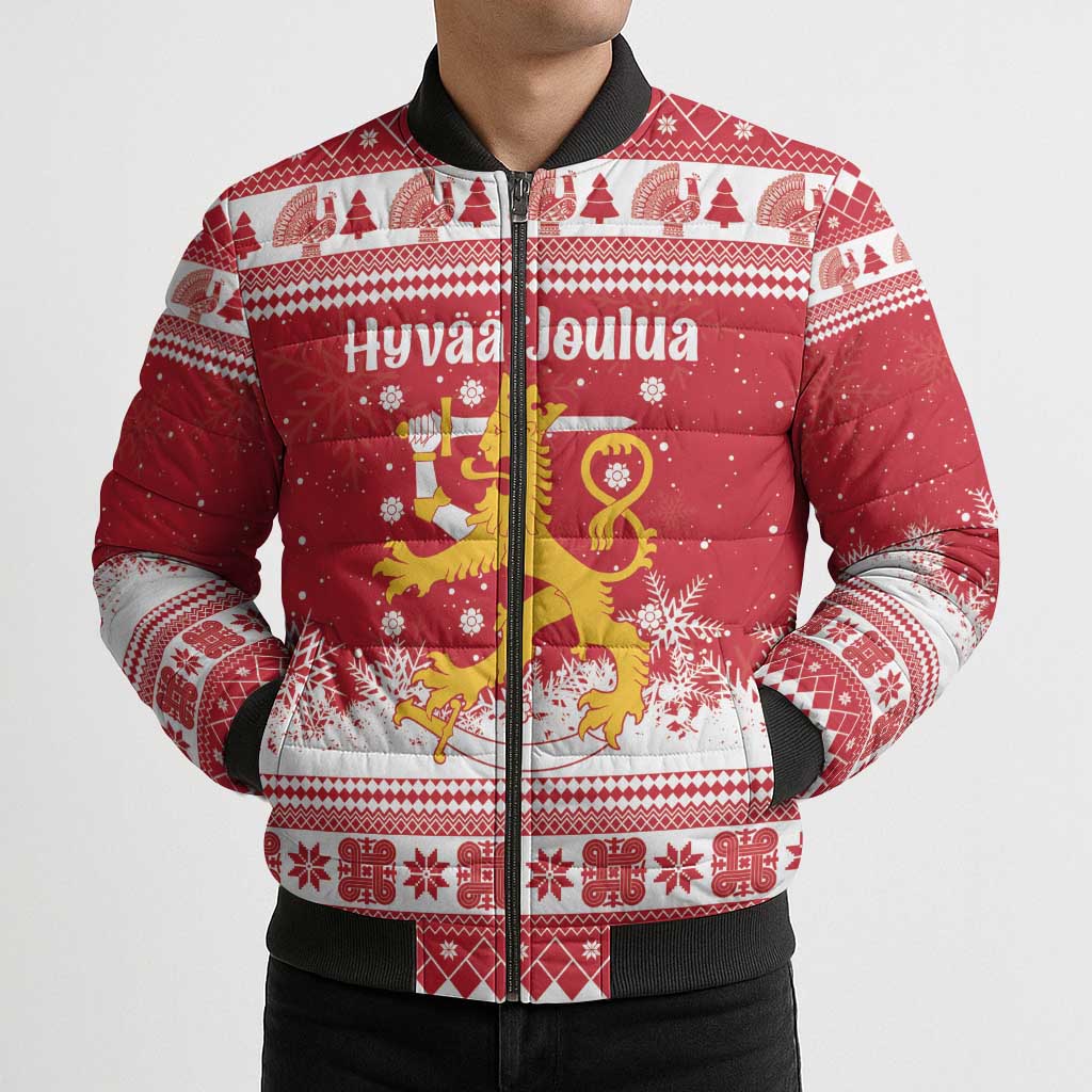 Finland Christmas Hannunvaakuna Bomber Puffer Jacket Hyvaa Joulua Nordic Snow Lion Red Version - Wonder Print Shop