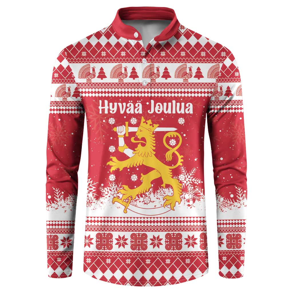 Finland Christmas Hannunvaakuna Button Sweatshirt Hyvaa Joulua Nordic Snow Lion Red Version - Wonder Print Shop