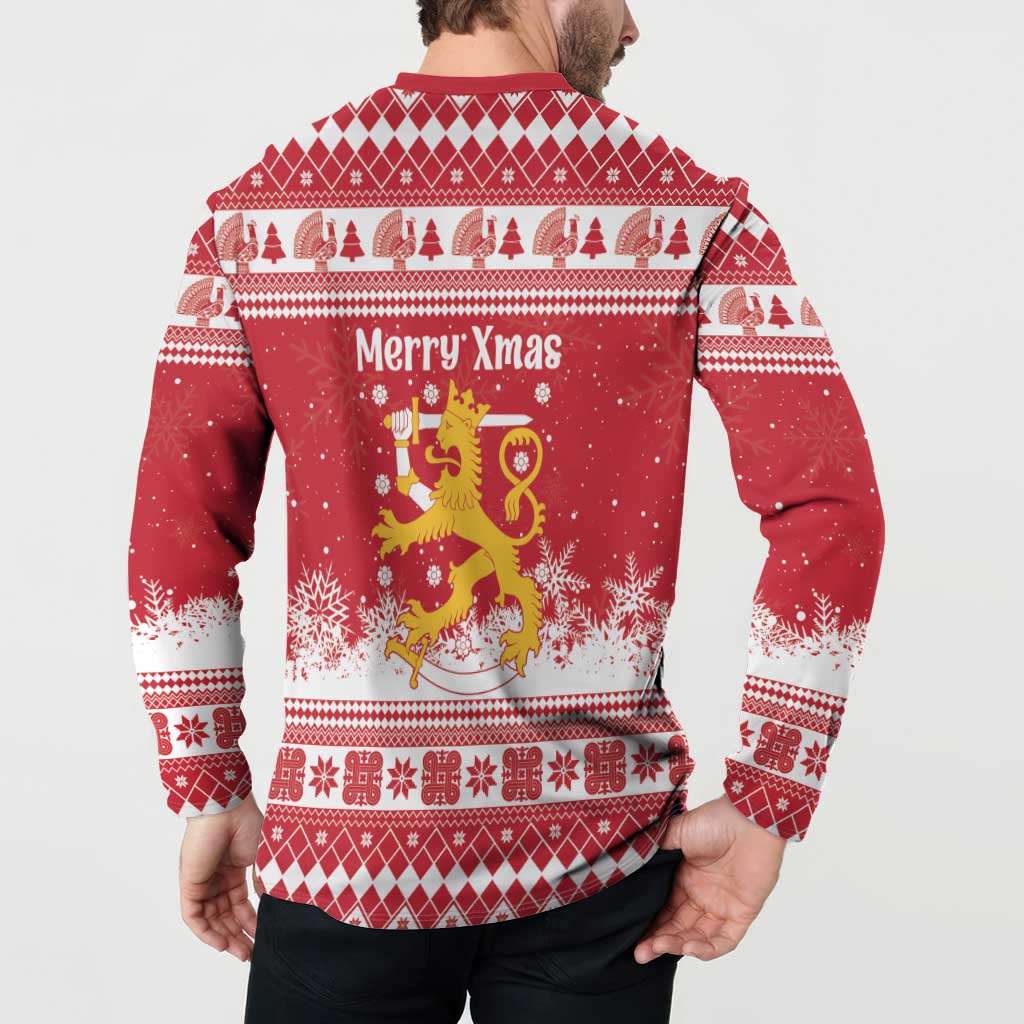 Finland Christmas Hannunvaakuna Button Sweatshirt Hyvaa Joulua Nordic Snow Lion Red Version - Wonder Print Shop