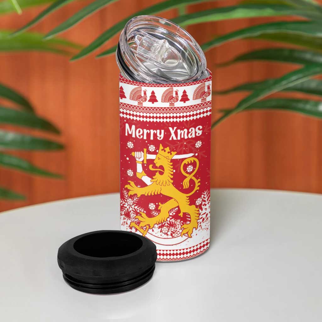 Finland Christmas Hannunvaakuna 4 in 1 Can Cooler Tumbler Hyvaa Joulua Nordic Snow Lion Red Version - Wonder Print Shop