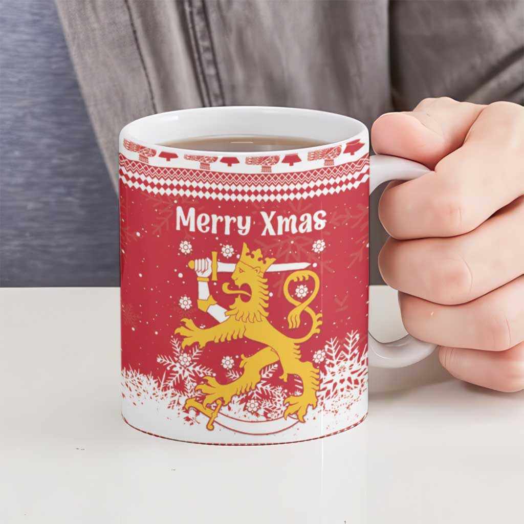 Finland Christmas Hannunvaakuna Ceramic Mug Hyvaa Joulua Nordic Snow Lion Red Version - Wonder Print Shop