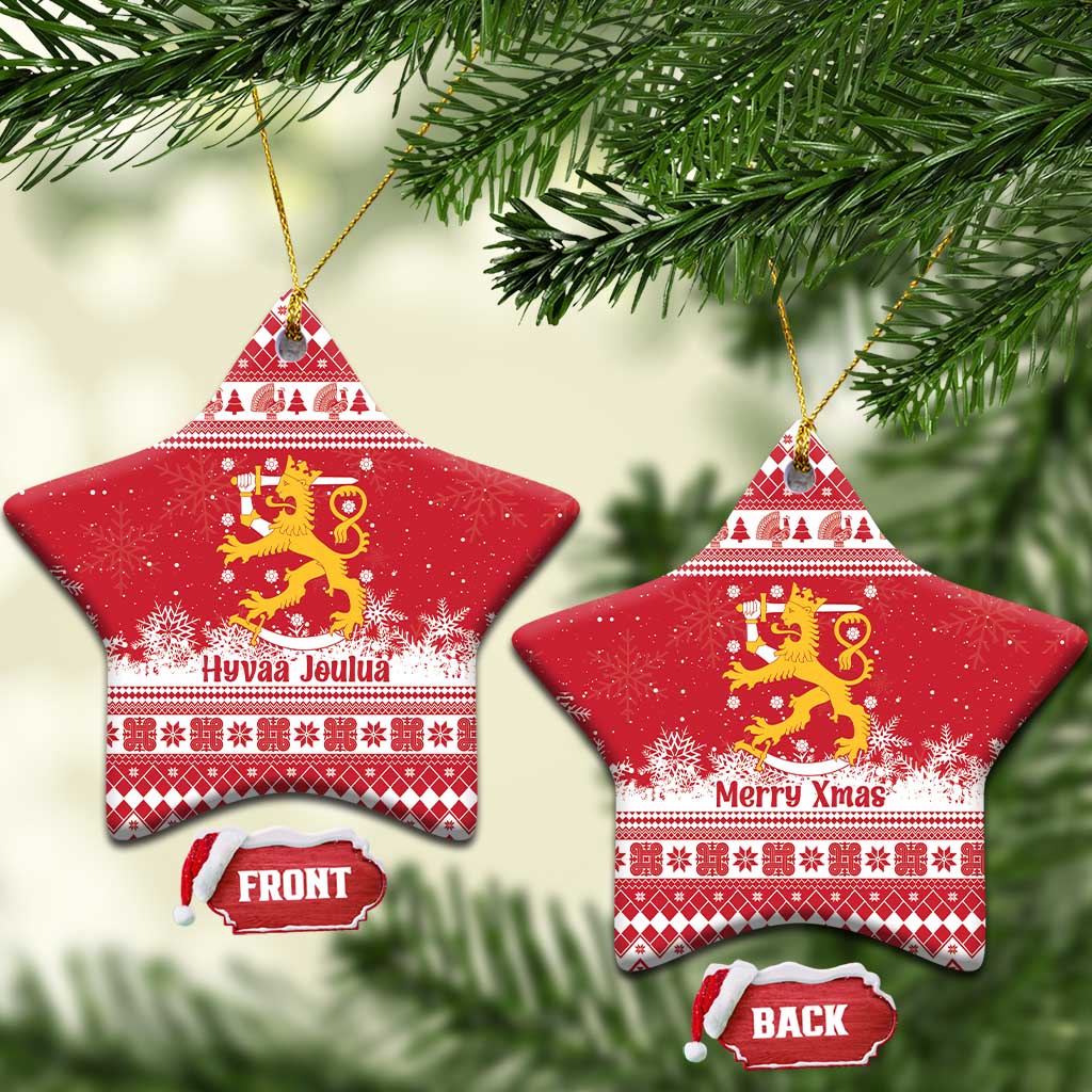 Finland Christmas Hannunvaakuna Ceramic Ornament Hyvaa Joulua Nordic Snow Lion Red Version - Wonder Print Shop