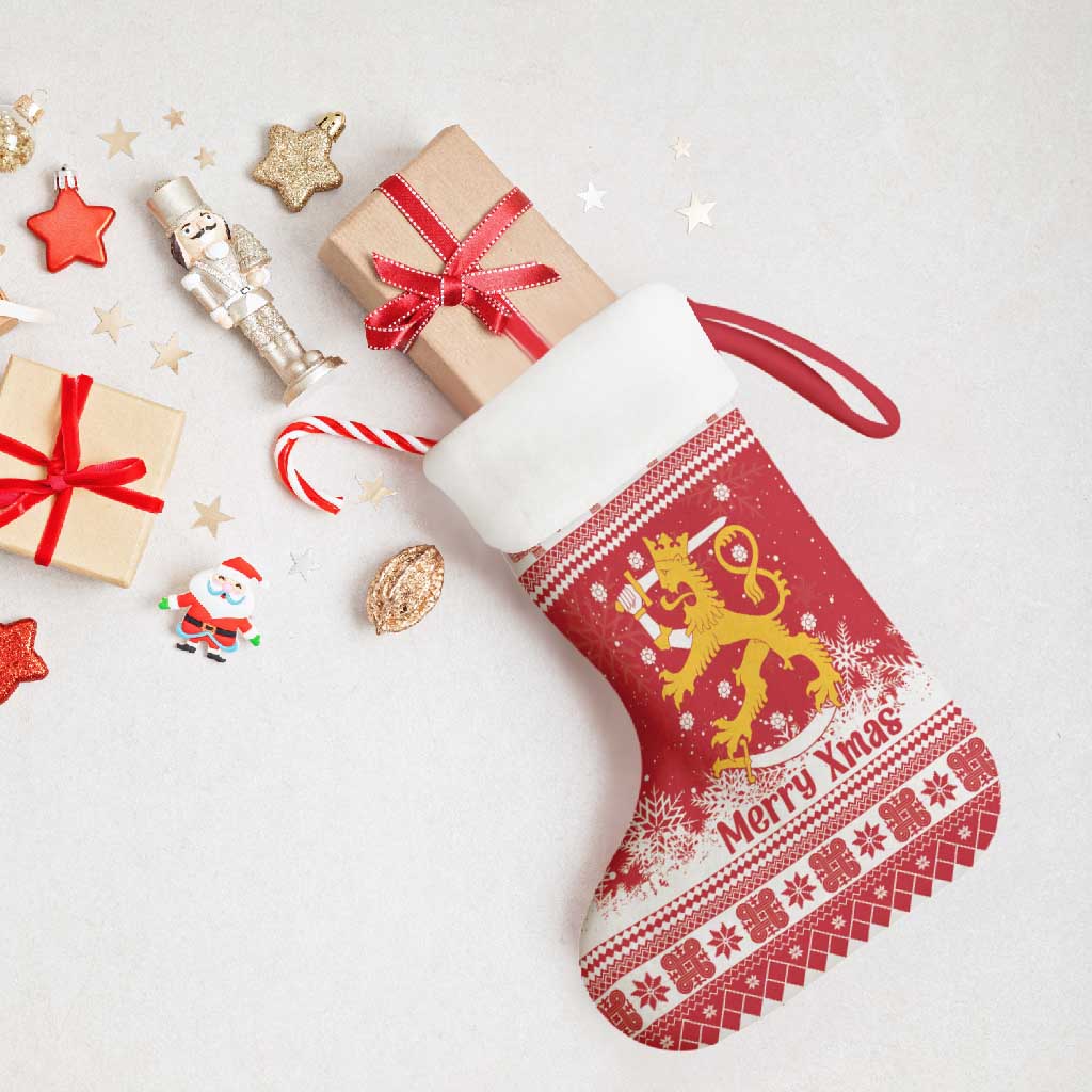 Finland Christmas Hannunvaakuna Christmas Stocking Hyvaa Joulua Nordic Snow Lion Red Version - Wonder Print Shop