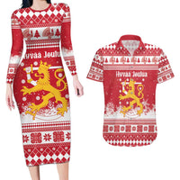 Finland Christmas Hannunvaakuna Couples Matching Long Sleeve Bodycon Dress and Hawaiian Shirt Hyvaa Joulua Nordic Snow Lion Red Version - Wonder Print Shop