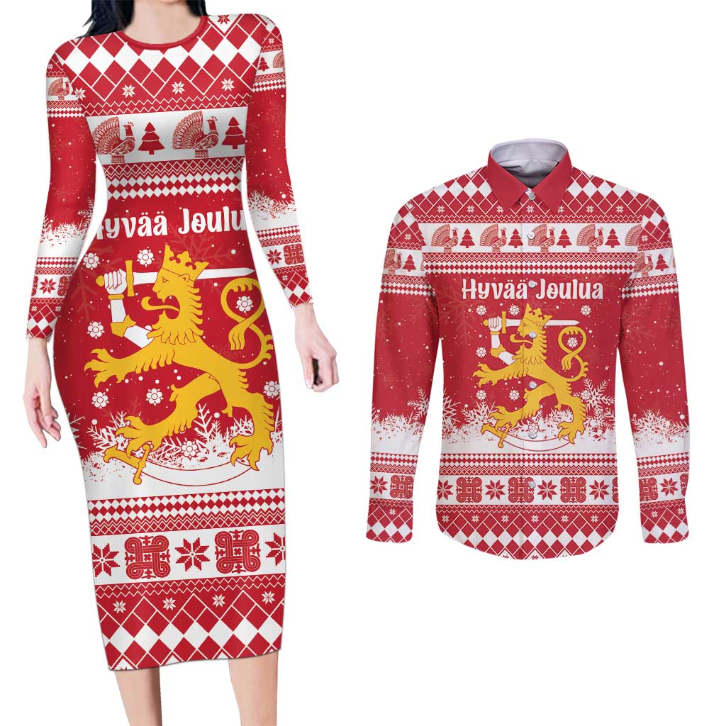 Finland Christmas Hannunvaakuna Couples Matching Long Sleeve Bodycon Dress and Long Sleeve Button Shirt Hyvaa Joulua Nordic Snow Lion Red Version - Wonder Print Shop