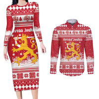 Finland Christmas Hannunvaakuna Couples Matching Long Sleeve Bodycon Dress and Long Sleeve Button Shirt Hyvaa Joulua Nordic Snow Lion Red Version - Wonder Print Shop