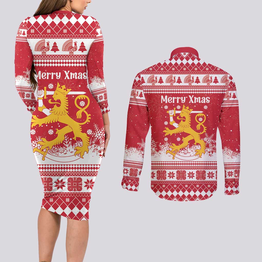 Finland Christmas Hannunvaakuna Couples Matching Long Sleeve Bodycon Dress and Long Sleeve Button Shirt Hyvaa Joulua Nordic Snow Lion Red Version - Wonder Print Shop