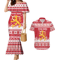 Finland Christmas Hannunvaakuna Couples Matching Mermaid Dress and Hawaiian Shirt Hyvaa Joulua Nordic Snow Lion Red Version - Wonder Print Shop
