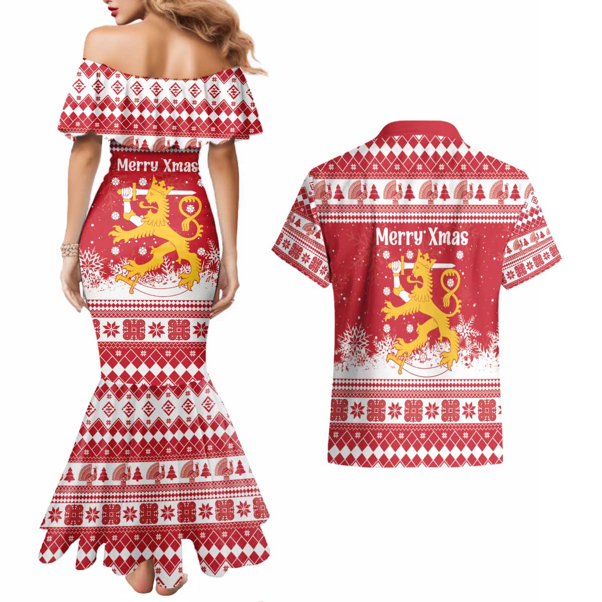 Finland Christmas Hannunvaakuna Couples Matching Mermaid Dress and Hawaiian Shirt Hyvaa Joulua Nordic Snow Lion Red Version - Wonder Print Shop