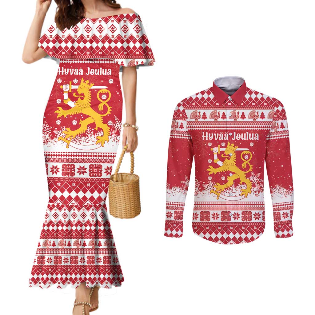 Finland Christmas Hannunvaakuna Couples Matching Mermaid Dress and Long Sleeve Button Shirt Hyvaa Joulua Nordic Snow Lion Red Version - Wonder Print Shop