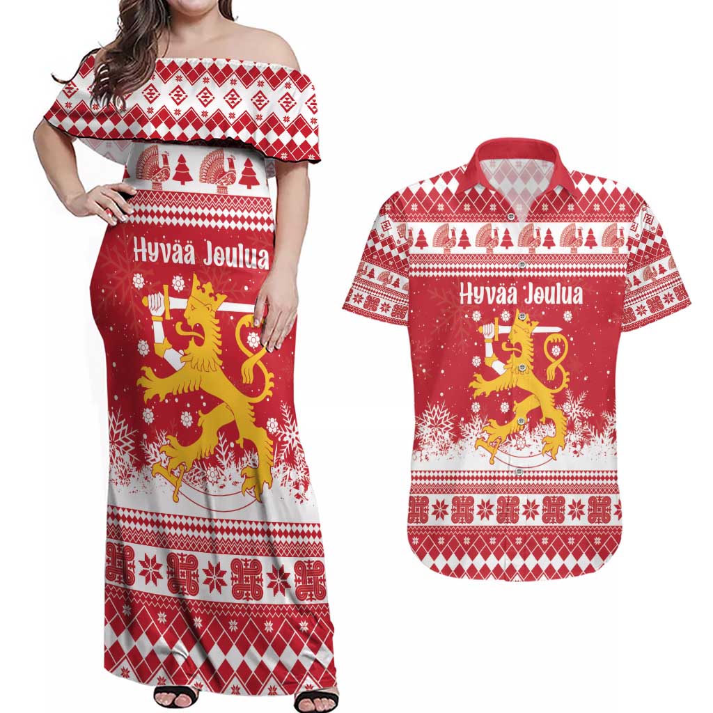 Finland Christmas Hannunvaakuna Couples Matching Off Shoulder Maxi Dress and Hawaiian Shirt Hyvaa Joulua Nordic Snow Lion Red Version - Wonder Print Shop