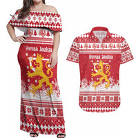 Finland Christmas Hannunvaakuna Couples Matching Off Shoulder Maxi Dress and Hawaiian Shirt Hyvaa Joulua Nordic Snow Lion Red Version - Wonder Print Shop