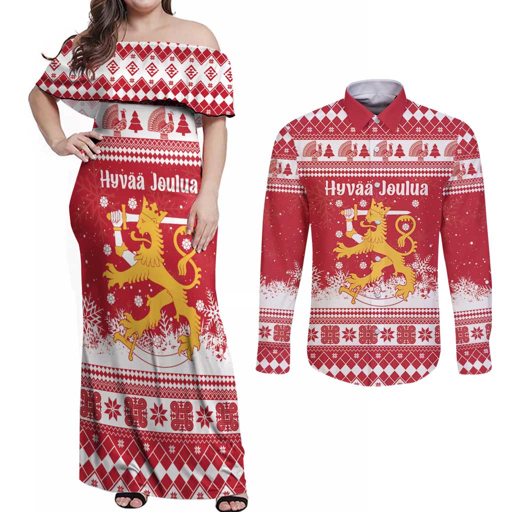 Finland Christmas Hannunvaakuna Couples Matching Off Shoulder Maxi Dress and Long Sleeve Button Shirt Hyvaa Joulua Nordic Snow Lion Red Version - Wonder Print Shop