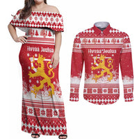 Finland Christmas Hannunvaakuna Couples Matching Off Shoulder Maxi Dress and Long Sleeve Button Shirt Hyvaa Joulua Nordic Snow Lion Red Version - Wonder Print Shop