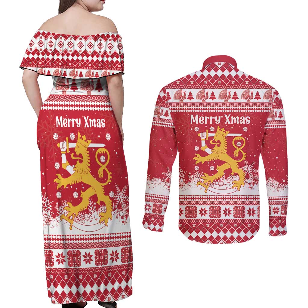 Finland Christmas Hannunvaakuna Couples Matching Off Shoulder Maxi Dress and Long Sleeve Button Shirt Hyvaa Joulua Nordic Snow Lion Red Version - Wonder Print Shop