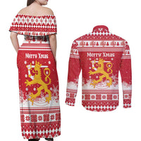 Finland Christmas Hannunvaakuna Couples Matching Off Shoulder Maxi Dress and Long Sleeve Button Shirt Hyvaa Joulua Nordic Snow Lion Red Version - Wonder Print Shop