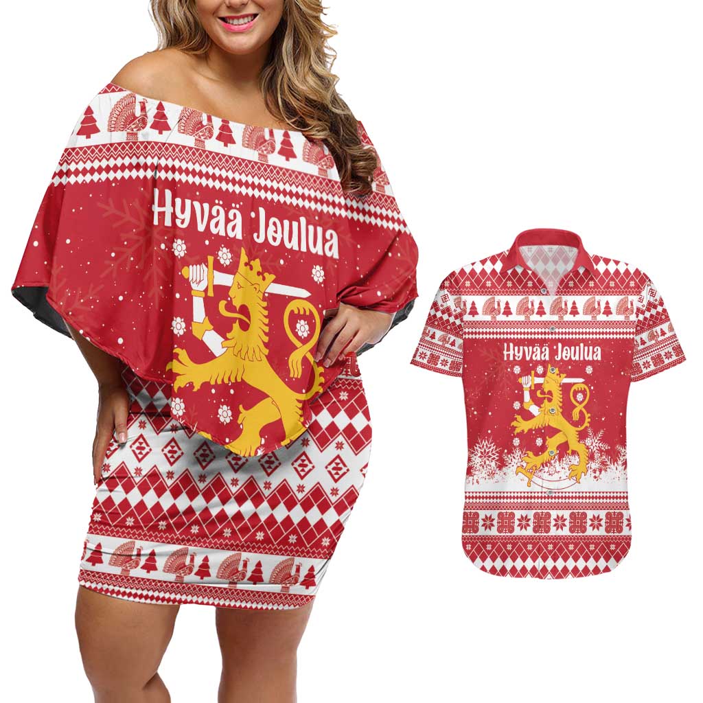 Finland Christmas Hannunvaakuna Couples Matching Off Shoulder Short Dress and Hawaiian Shirt Hyvaa Joulua Nordic Snow Lion Red Version - Wonder Print Shop