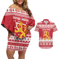 Finland Christmas Hannunvaakuna Couples Matching Off Shoulder Short Dress and Hawaiian Shirt Hyvaa Joulua Nordic Snow Lion Red Version - Wonder Print Shop