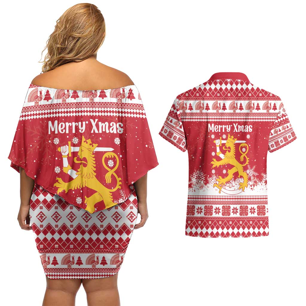 Finland Christmas Hannunvaakuna Couples Matching Off Shoulder Short Dress and Hawaiian Shirt Hyvaa Joulua Nordic Snow Lion Red Version - Wonder Print Shop