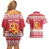 Finland Christmas Hannunvaakuna Couples Matching Off Shoulder Short Dress and Hawaiian Shirt Hyvaa Joulua Nordic Snow Lion Red Version - Wonder Print Shop