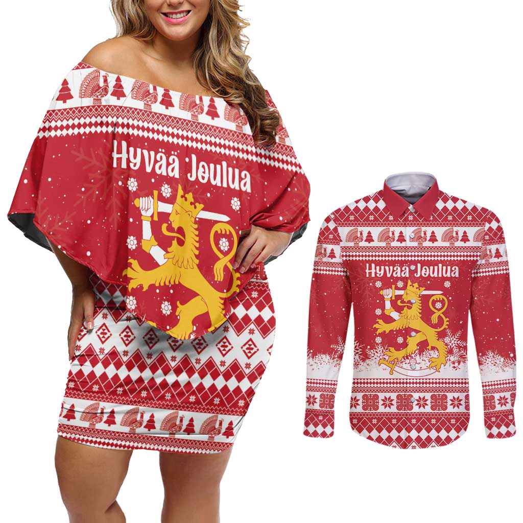 Finland Christmas Hannunvaakuna Couples Matching Off Shoulder Short Dress and Long Sleeve Button Shirt Hyvaa Joulua Nordic Snow Lion Red Version - Wonder Print Shop
