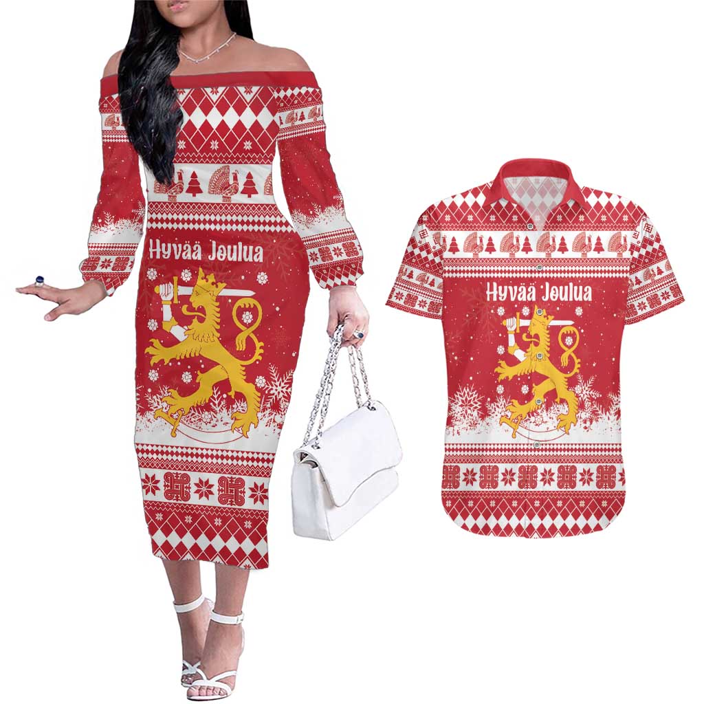 Finland Christmas Hannunvaakuna Couples Matching Off The Shoulder Long Sleeve Dress and Hawaiian Shirt Hyvaa Joulua Nordic Snow Lion Red Version - Wonder Print Shop