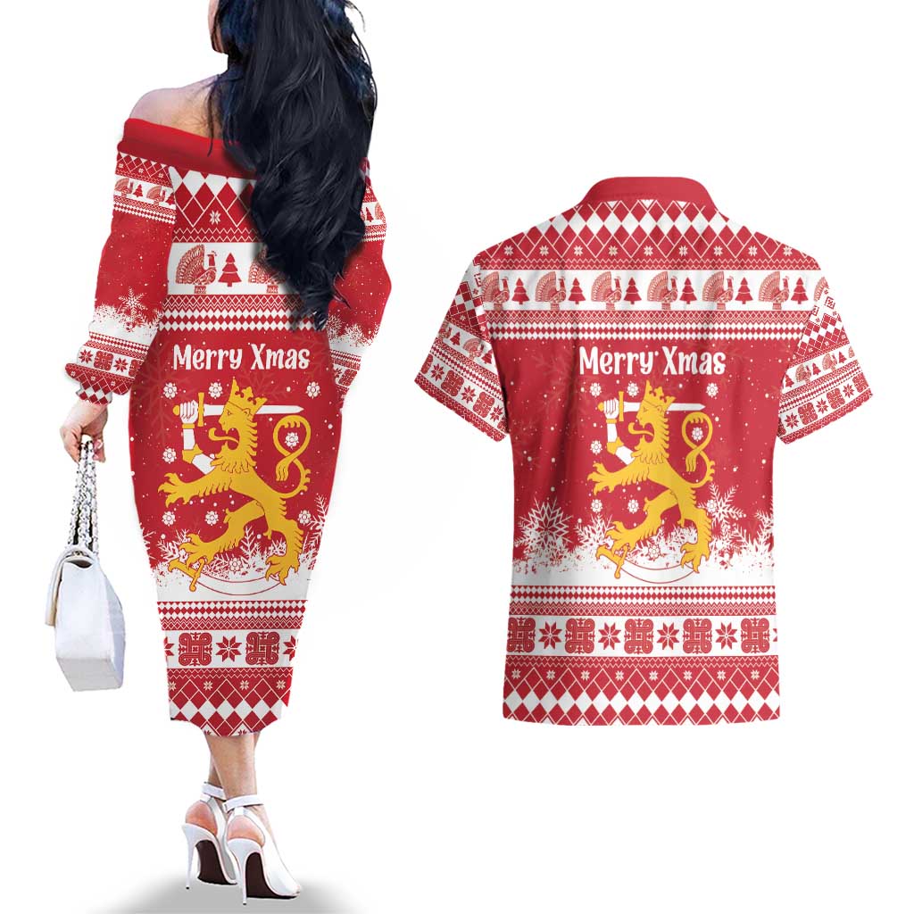 Finland Christmas Hannunvaakuna Couples Matching Off The Shoulder Long Sleeve Dress and Hawaiian Shirt Hyvaa Joulua Nordic Snow Lion Red Version - Wonder Print Shop