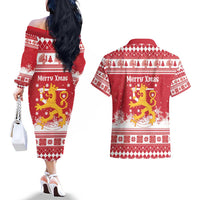 Finland Christmas Hannunvaakuna Couples Matching Off The Shoulder Long Sleeve Dress and Hawaiian Shirt Hyvaa Joulua Nordic Snow Lion Red Version - Wonder Print Shop