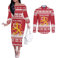 Finland Christmas Hannunvaakuna Couples Matching Off The Shoulder Long Sleeve Dress and Long Sleeve Button Shirt Hyvaa Joulua Nordic Snow Lion Red Version - Wonder Print Shop