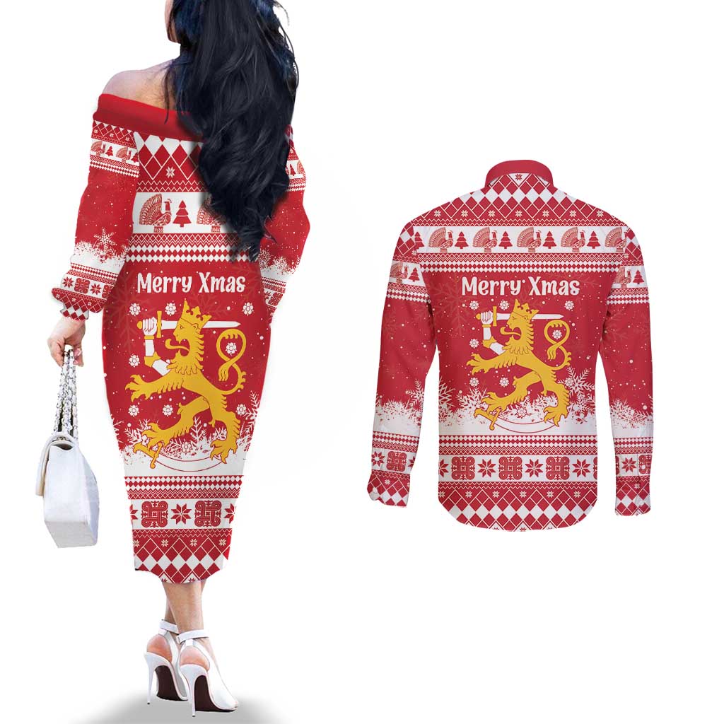 Finland Christmas Hannunvaakuna Couples Matching Off The Shoulder Long Sleeve Dress and Long Sleeve Button Shirt Hyvaa Joulua Nordic Snow Lion Red Version - Wonder Print Shop