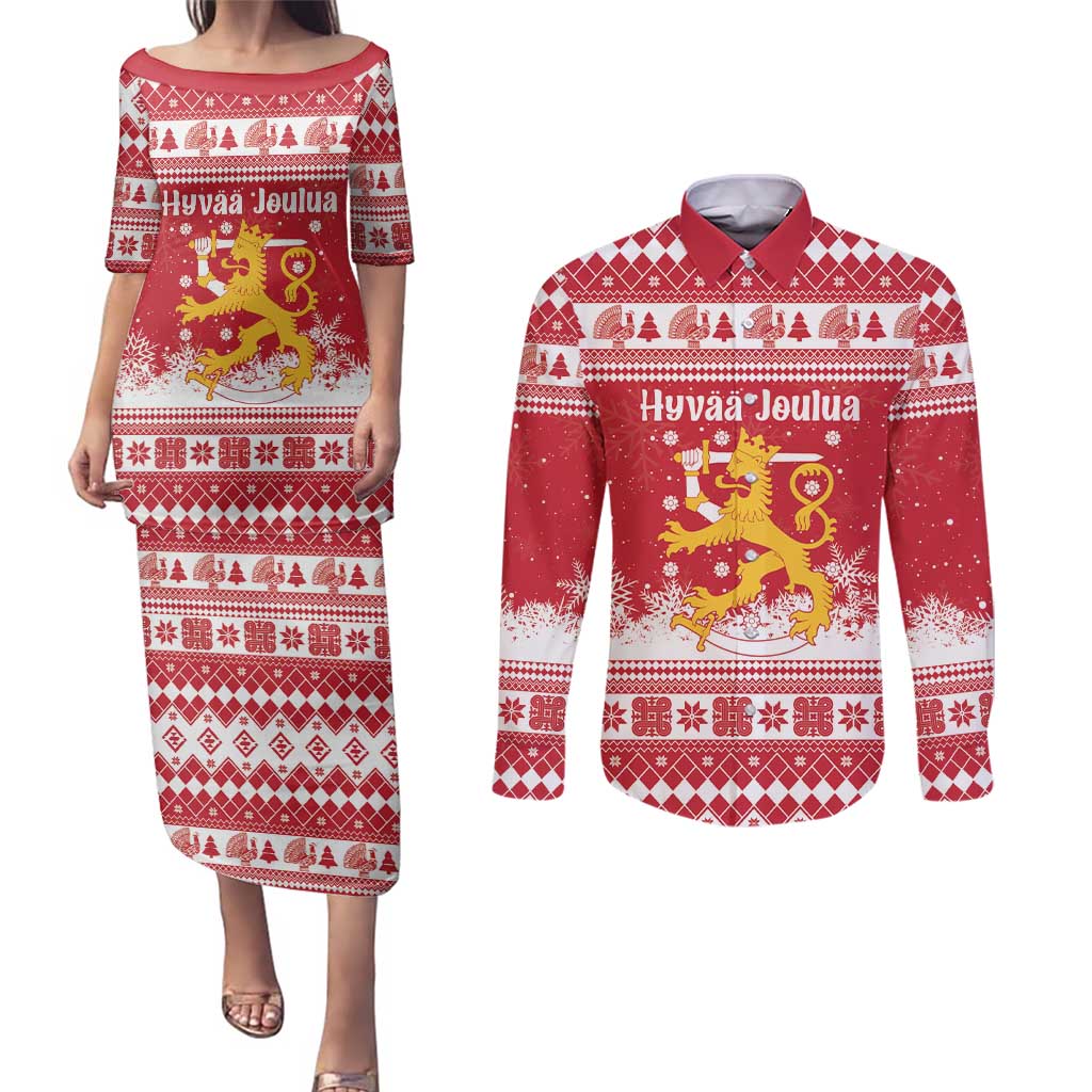 Finland Christmas Hannunvaakuna Couples Matching Puletasi and Long Sleeve Button Shirt Hyvaa Joulua Nordic Snow Lion Red Version - Wonder Print Shop