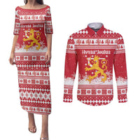 Finland Christmas Hannunvaakuna Couples Matching Puletasi and Long Sleeve Button Shirt Hyvaa Joulua Nordic Snow Lion Red Version - Wonder Print Shop