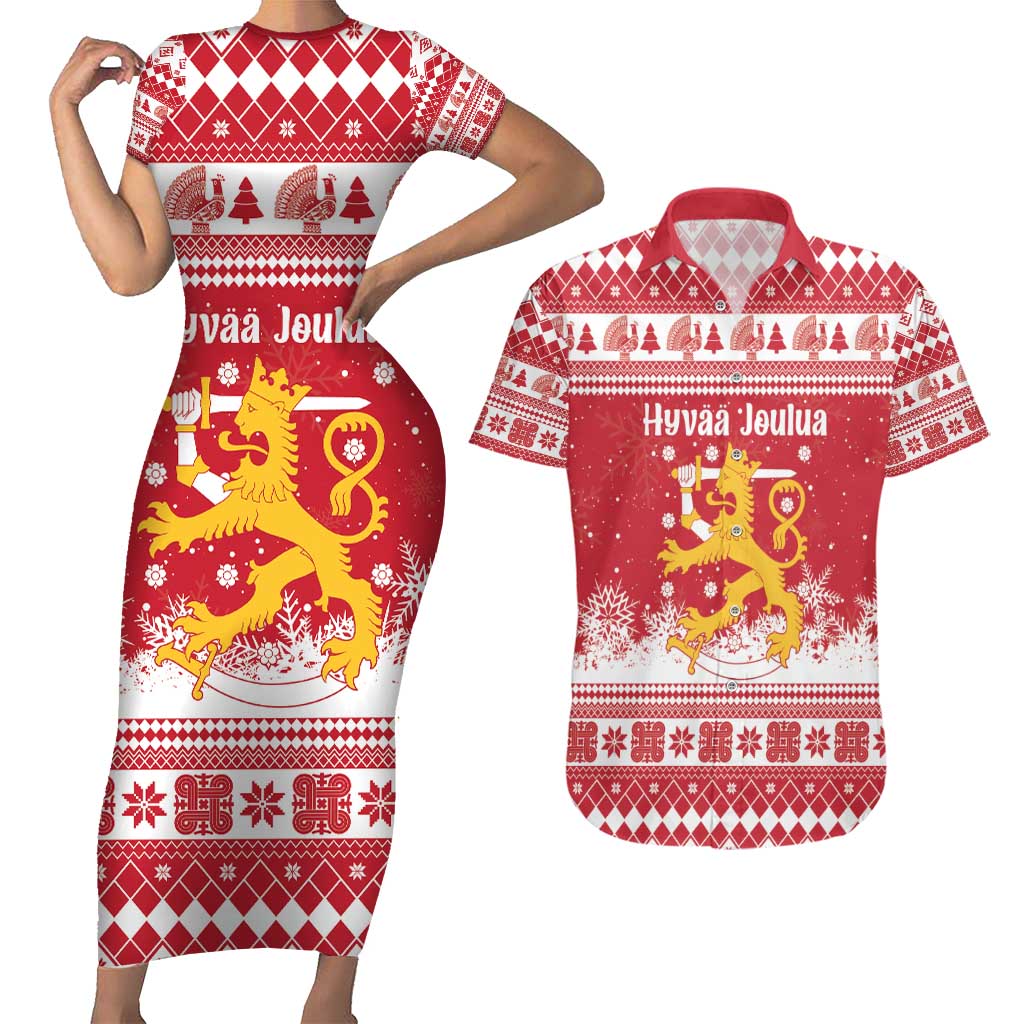 Finland Christmas Hannunvaakuna Couples Matching Short Sleeve Bodycon Dress and Hawaiian Shirt Hyvaa Joulua Nordic Snow Lion Red Version - Wonder Print Shop