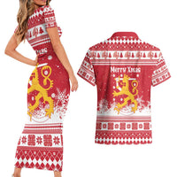 Finland Christmas Hannunvaakuna Couples Matching Short Sleeve Bodycon Dress and Hawaiian Shirt Hyvaa Joulua Nordic Snow Lion Red Version - Wonder Print Shop