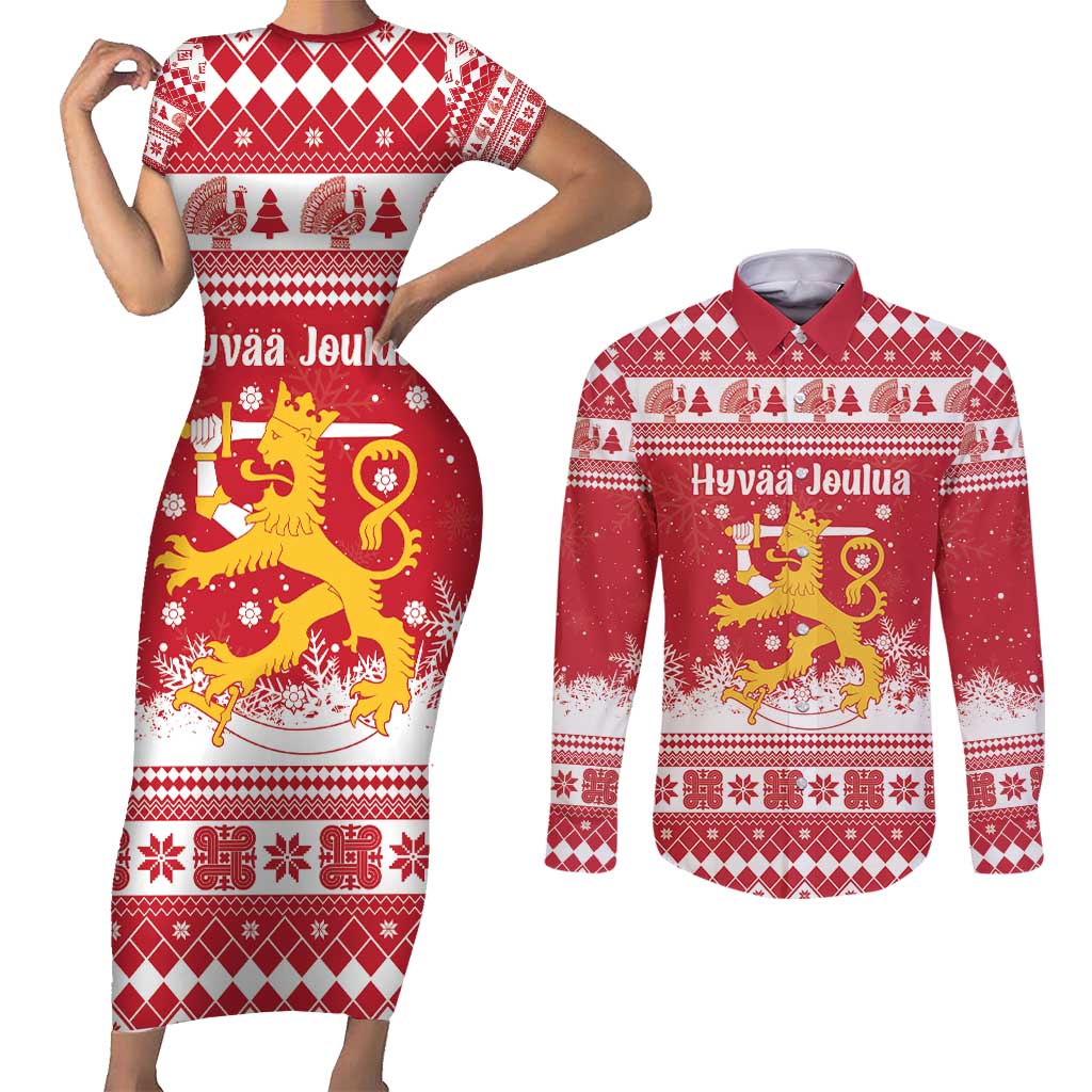Finland Christmas Hannunvaakuna Couples Matching Short Sleeve Bodycon Dress and Long Sleeve Button Shirt Hyvaa Joulua Nordic Snow Lion Red Version - Wonder Print Shop