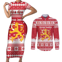 Finland Christmas Hannunvaakuna Couples Matching Short Sleeve Bodycon Dress and Long Sleeve Button Shirt Hyvaa Joulua Nordic Snow Lion Red Version - Wonder Print Shop